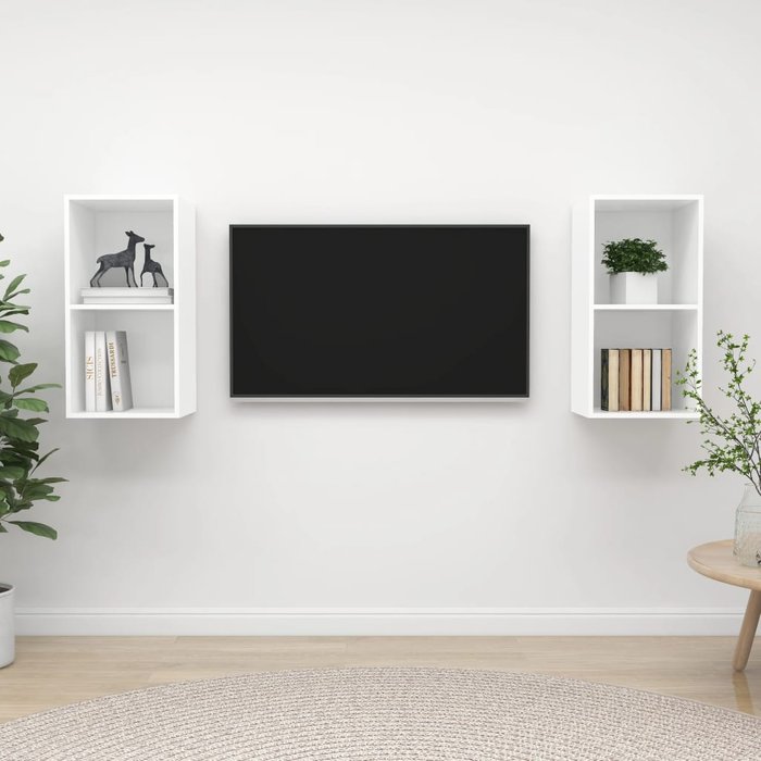 Mueble de tv de pared de 2 piezas, madera de ingeniería blanca