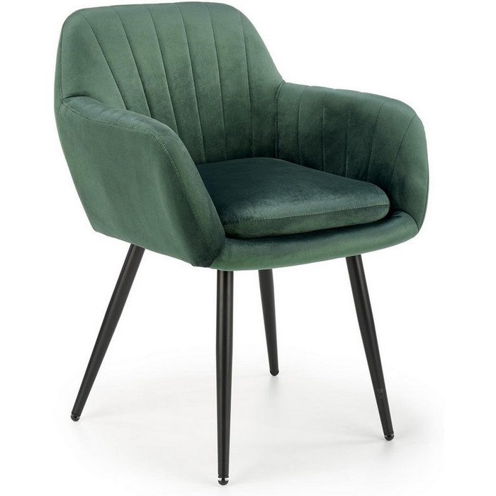 Silla amy de terciopelo verde con cojín de asiento y patas de metal negro