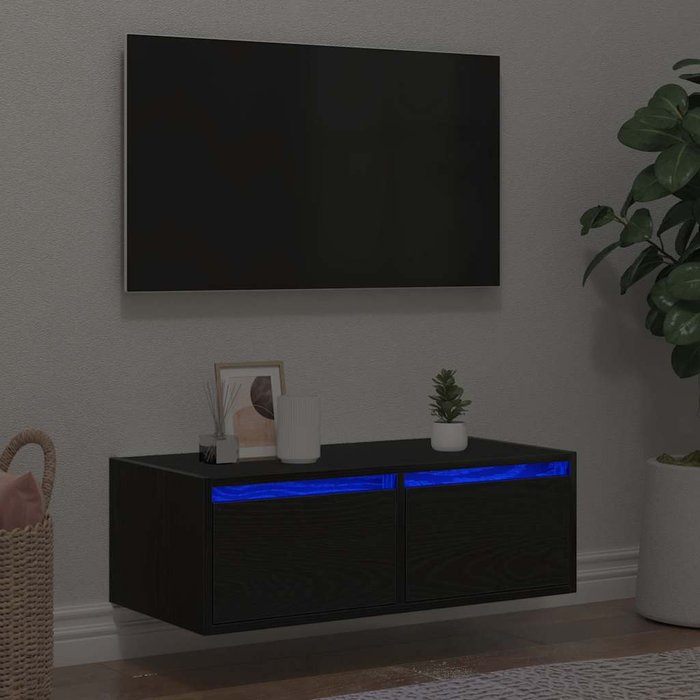 Mueble de tv con luces led roble negro 75x35,5x25 cm