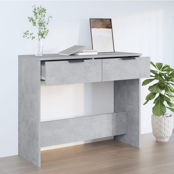 Mesa consola gris hormigón de 90x36x75 cm, fabricada en madera de ingeniería.
