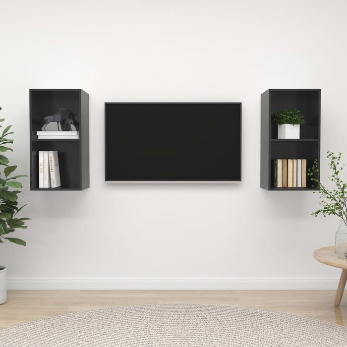 Muebles de tv de pared de 2 piezas, gris brillante, madera de ingeniería