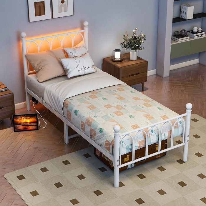Cama infantil 90x200 cm, cama individual vintage con led y usb, metal, blanco
