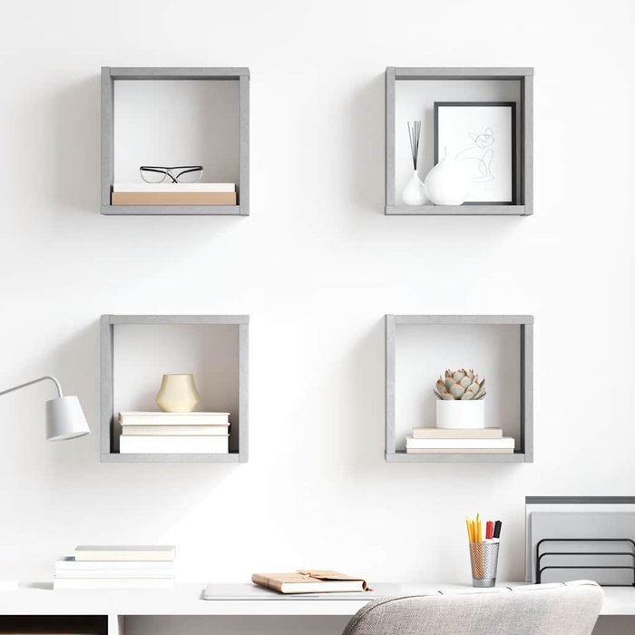 Estantería de pared cúbica de 4 piezas, color gris hormigón, 26x15x26 cm