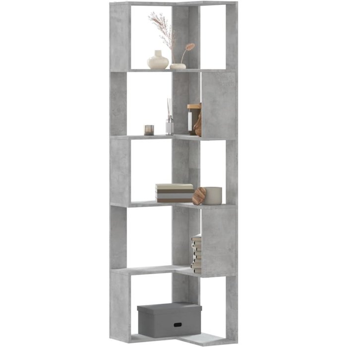 Librería esquinera de 5 niveles, hormigón gris, madera de ingeniería. - pangivo