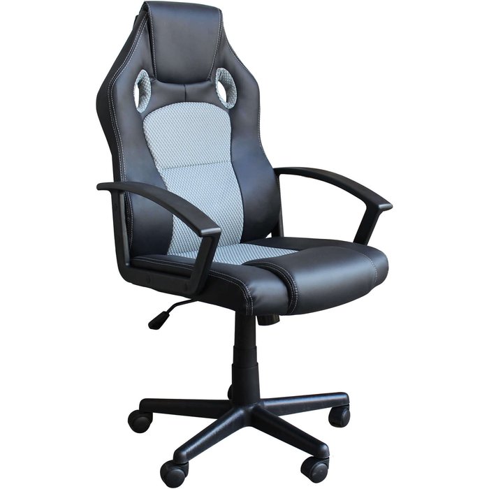 Sillón ergonómico de oficina y gaming en piel negra y tejido stark gris