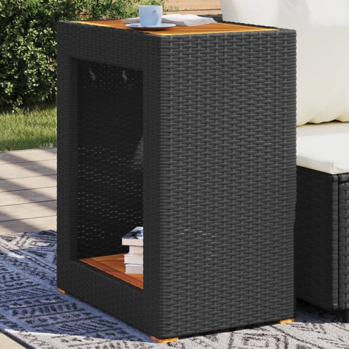 Vidaxl mesa auxiliar jardín tapa madera ratán pe negro 60x40x75 cm