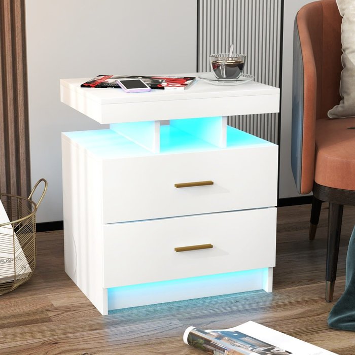 Mesa de noche led con 2 cajones y control remoto - blanca 50x40x58cm