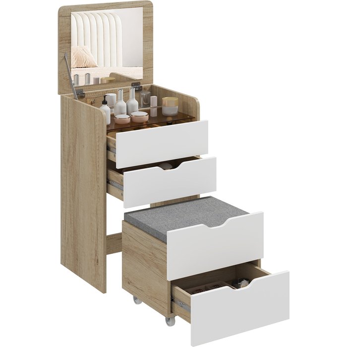 Tocador 3 en 1 con espejo abatible y banco oculto - roble/blanco 50x40x78cm