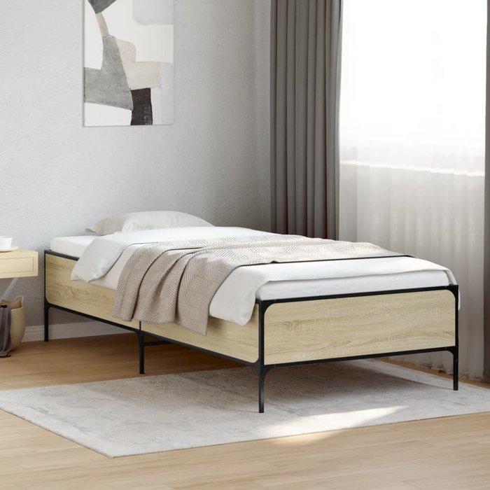 Estructura cama madera ingeniería metal roble sonoma 100x200 cm — comfortxl
