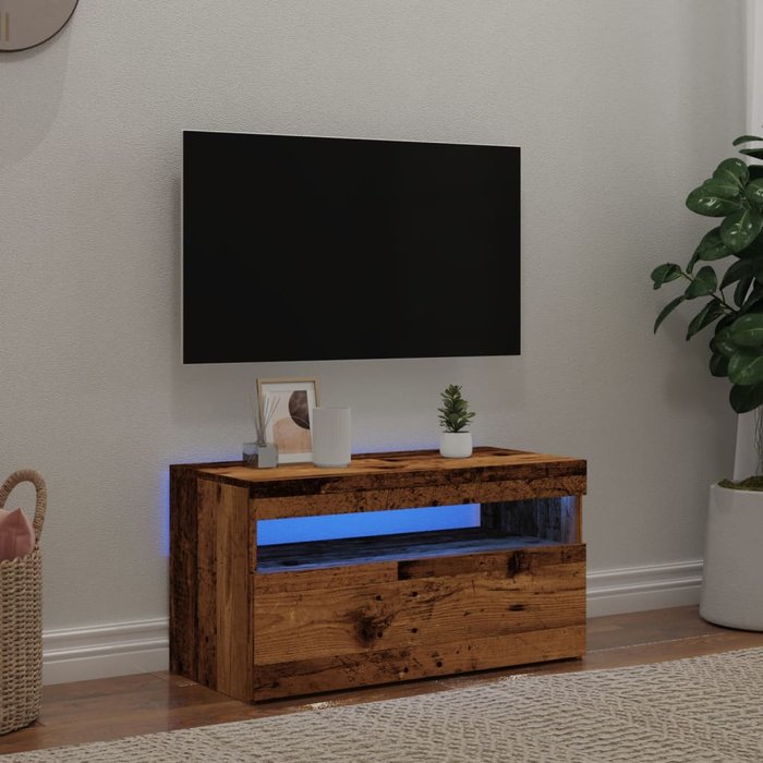 Mueble tv luces led madera ingeniería envejecida 75x35x40 cm