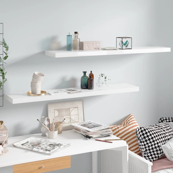Estante flotante de pared 2uds mdf blanco brillo 120x23,5x3,8cm