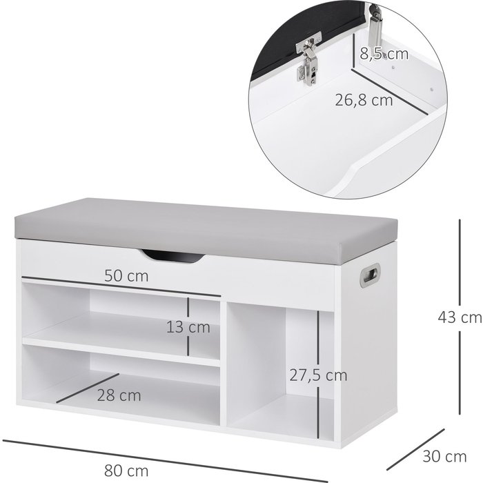 Zapatero banco blanco con asiento acolchado 80x30x43cm cajón estante mdf 120kg