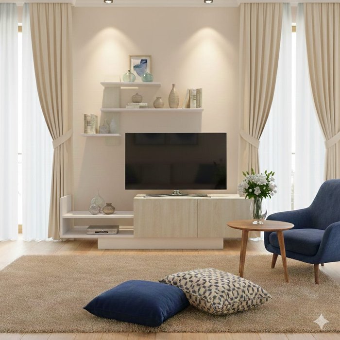 Essenza mueble tv moderno blanco madera 150cm con estante pared