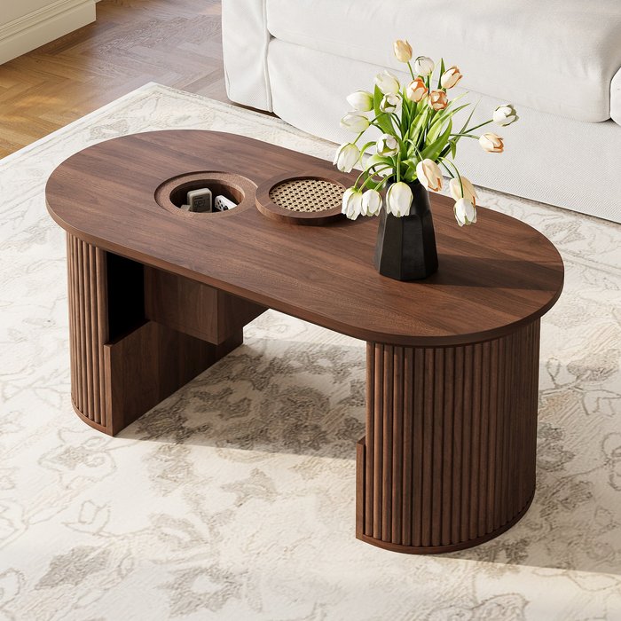 Mesa baja ovalada 105x50x46,5 cm, estilo retro, mdf, nogal