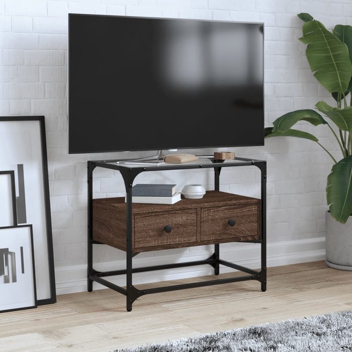 Mueble de tv con tapa de cristal, acabado en roble marrón, madera de ingeniería
