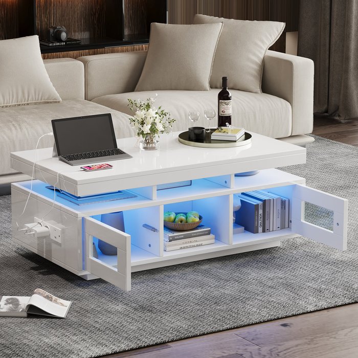 Mesa de centro 100x50x43 cm,led controlado por app,2 armarios,blanco