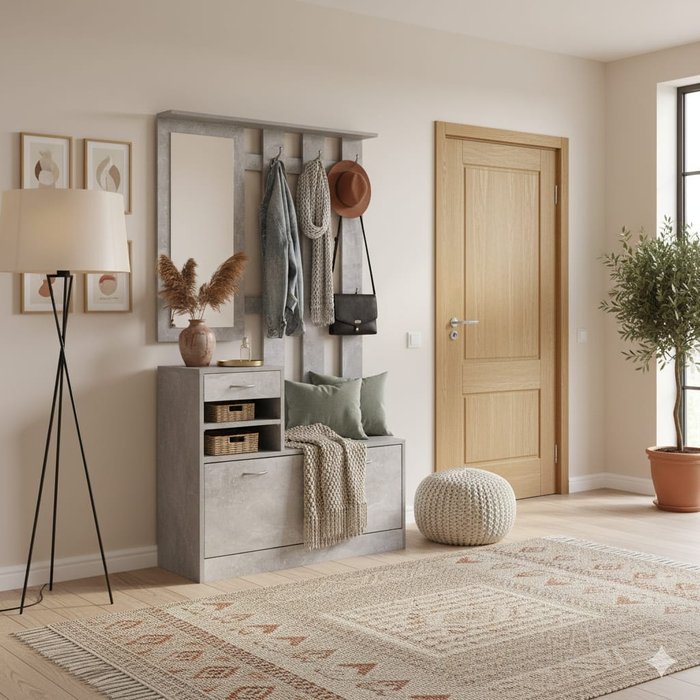 Essenza mueble perchero entrada 3en1 espejo zapatero gris 90x102cm