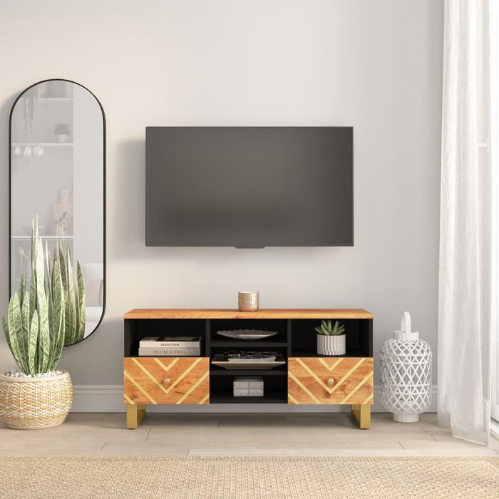 Mueble de tv marrón y negro, 100x33,5x46 cm, madera maciza de mango