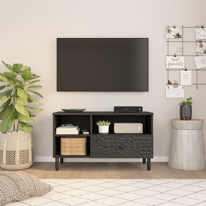 Mueble de tv de madera maciza de mango negro 80x33x46 cm - comfortxl