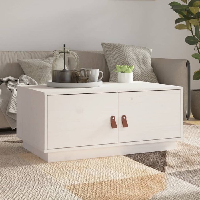 Mesa de centro blanca de 80x50x35 cm, de madera maciza de pino.