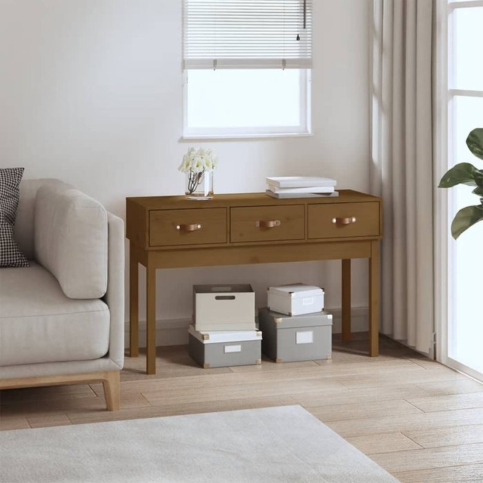 Mesa consola, color miel, 114x40x75 cm, madera maciza de pino.