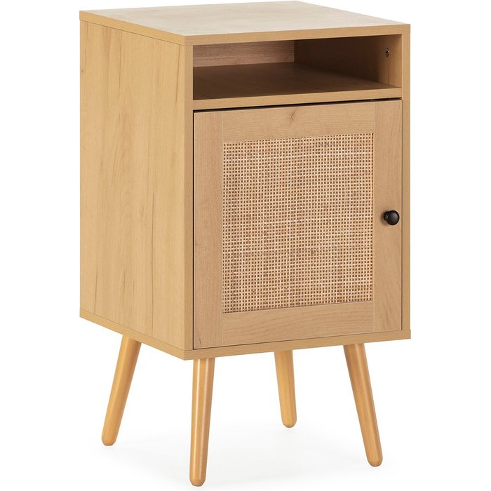 Mesita de noche bella 1 puerta color roble, ratán natural