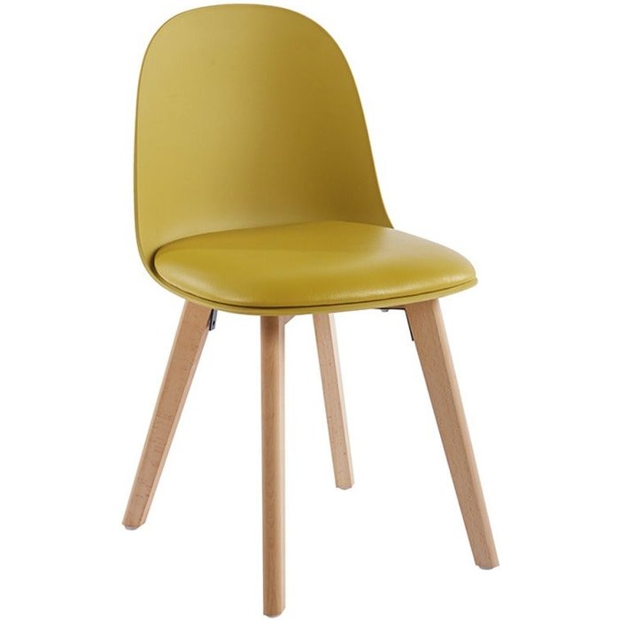 Silla nórdica natural y amarilla con cojín de asiento en símil piel dekan