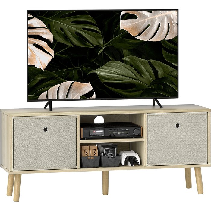 Mueble tv hasta 50'' con 2 cajones tela y estantes 110x29x46cm madera clara
