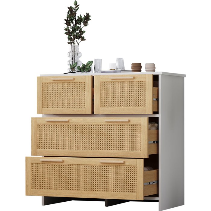 Cómoda 80x38x80cm 4 cajones diseño en ratán mdf superficie lisa natural y blanco