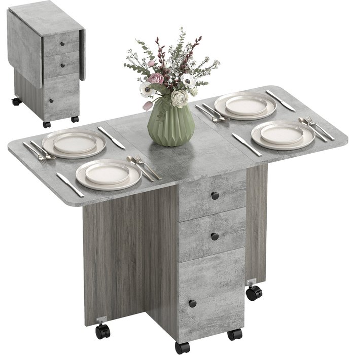 Mesa plegable con ruedas y cajones 120x60cm gris multifuncional