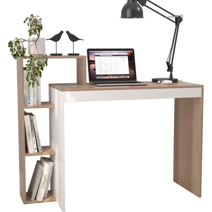 Escritorio para portátil de 110 x 40 x 91 cm con estantes, color blanco teca.