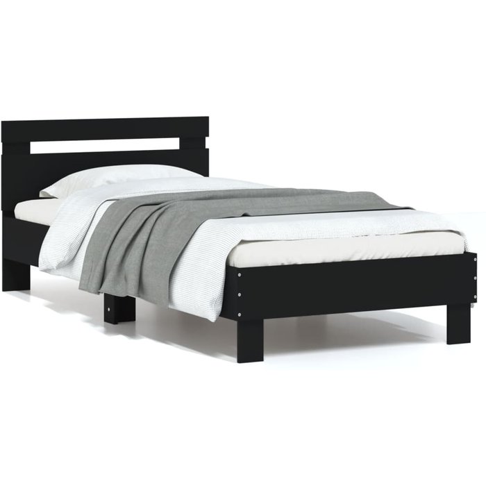 Estructura de cama con cabecero negro 75x190 cm de madera contrachapada