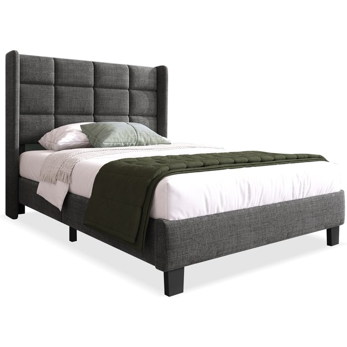 Cama para adultos 90x200 cm con cabecero - lino gris, sin colchón