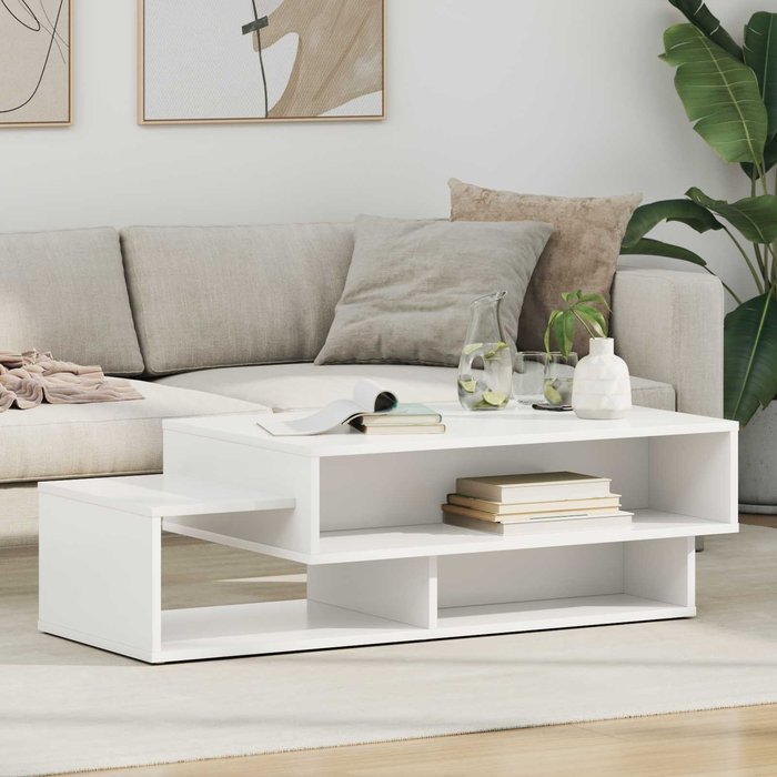 Mesa de centro blanca, 105 x 50 x 32,5 cm, madera de ingeniería.