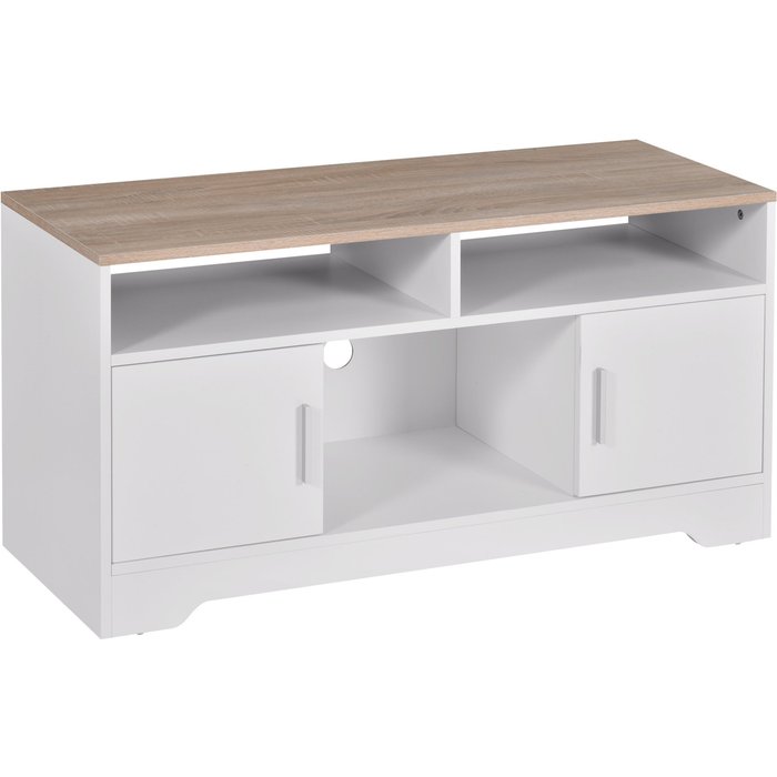 Mueble tv salón 105cm blanco madera 2 armarios estantes pasacables tv 50''