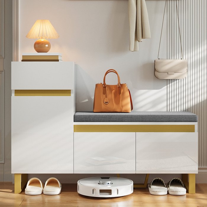 Zapatero con banco, cojín, 3 puertas y 1 cajón - 120 x 35 x 85 cm - mdf - blanco