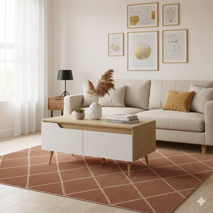 Mesa centro essenza melamina roble 100x50x46 cm con 2 cajones