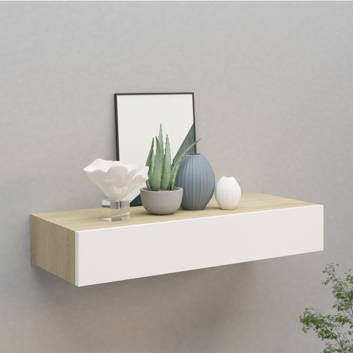 Estante cajón de pared roble y mdf blanco 60x23,5x10 cm