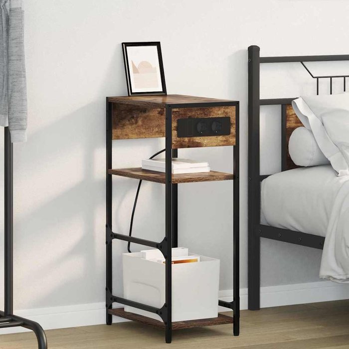 Mesita de noche, roble ahumado, 40 x 27 x 76 cm, madera de ingeniería.