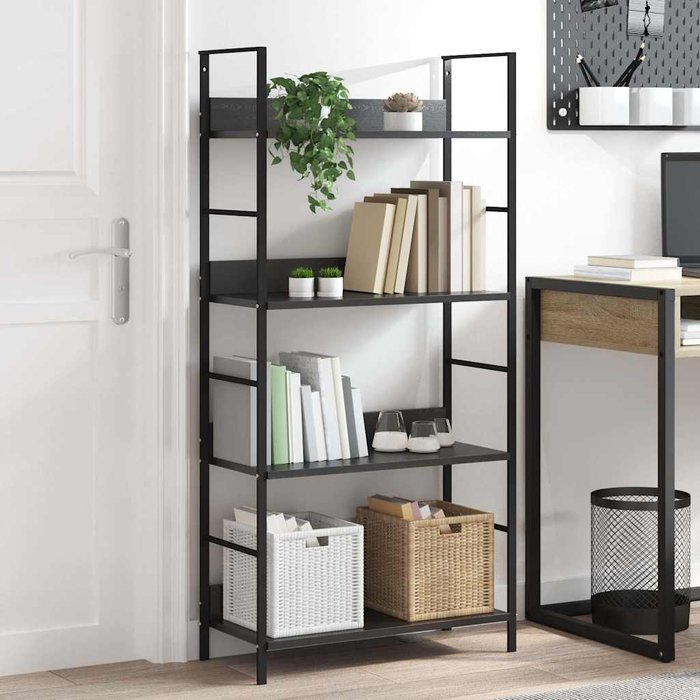 Librería negra de 4 niveles, 60 x 27,6 x 124,5 cm, madera de ingeniería.