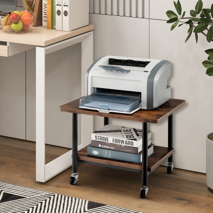 Mesa móvil impresora 2 niveles con 4 ruedas y freno 49x40x38cm marrón