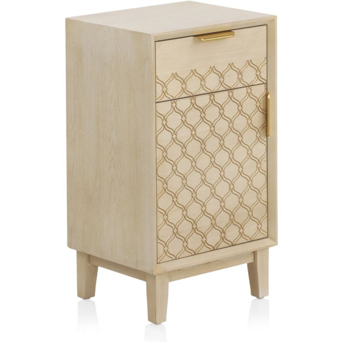Mesita de noche 1 cajón y 1 puerta chapado en roble y color beige