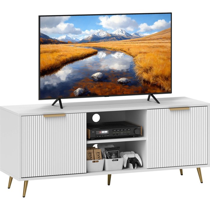 Mueble tv moderno blanco 120cm - 2 puertas y compartimentos para tv hasta 55