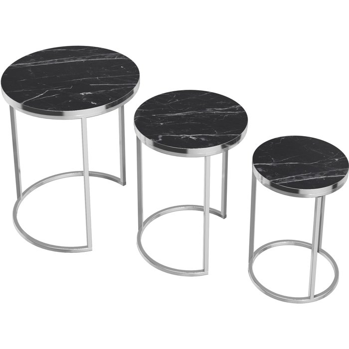 Conjunto de 3 mesas auxiliares nido redondas en mármol negro y plata 03_0008378
