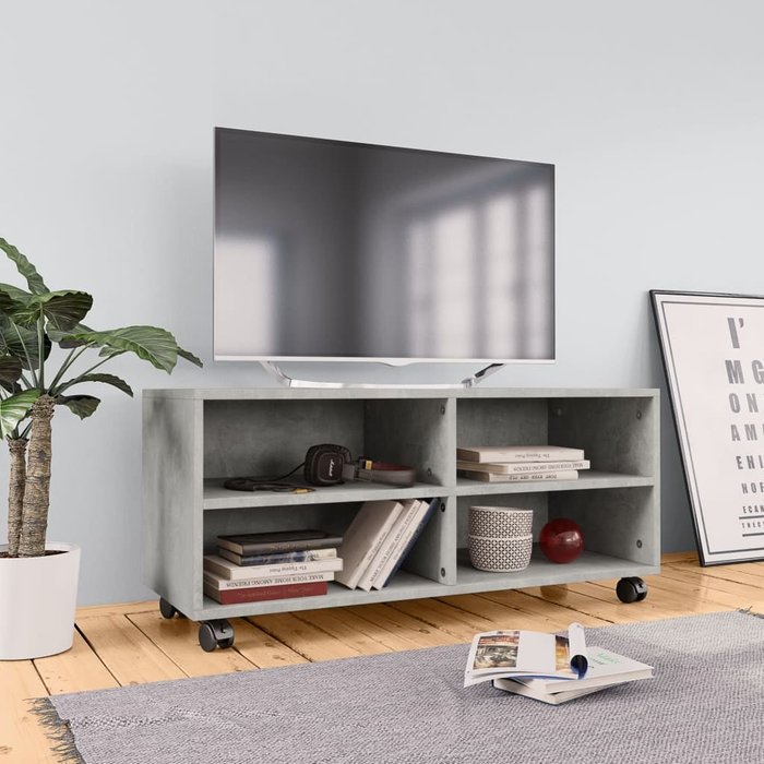 Mueble de tv con ruedas, gris hormigón, 90x35x35 cm, madera de ingeniería