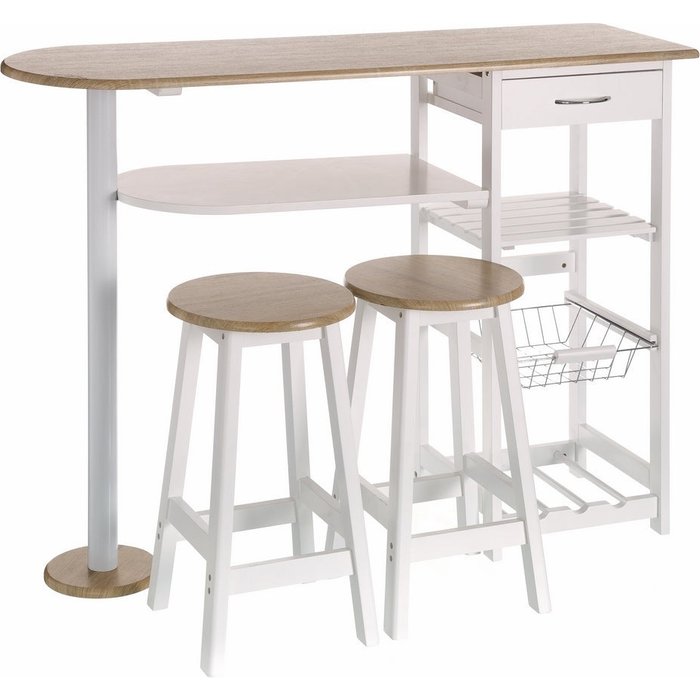 Set de mesa alta y 2 taburetes de bar de mdf blanco y natural