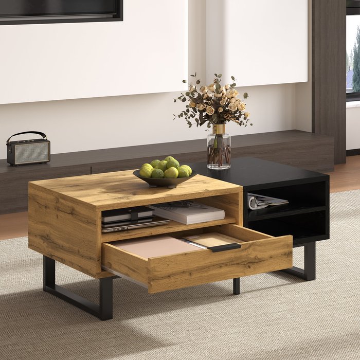 Mesa de centro 100×50×40 cm con 1 cajón y estante abierto, en mdf, roble y negro