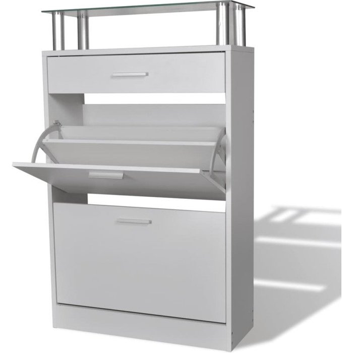 Vidaxl mueble zapatero con cajón y estante superior de vidrio blanco
