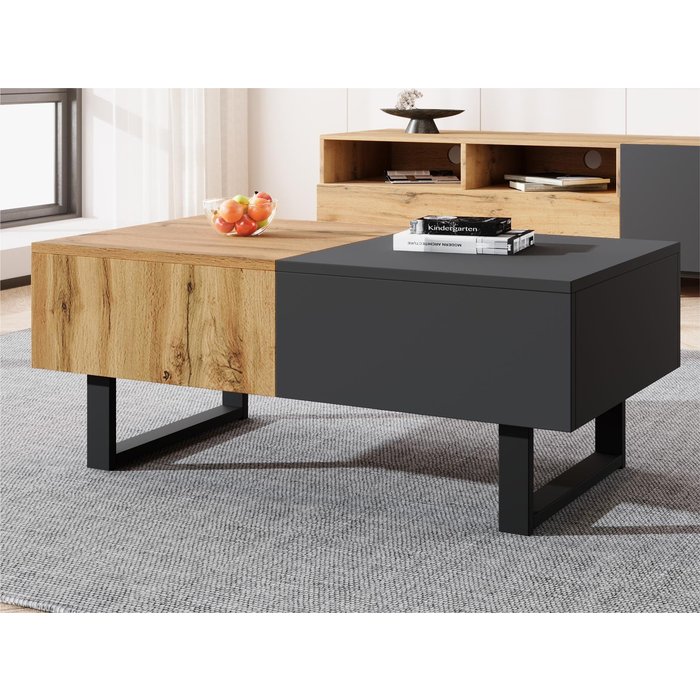 Mesa de centro de madera y metal - con almacenaje oculto - natural & grey