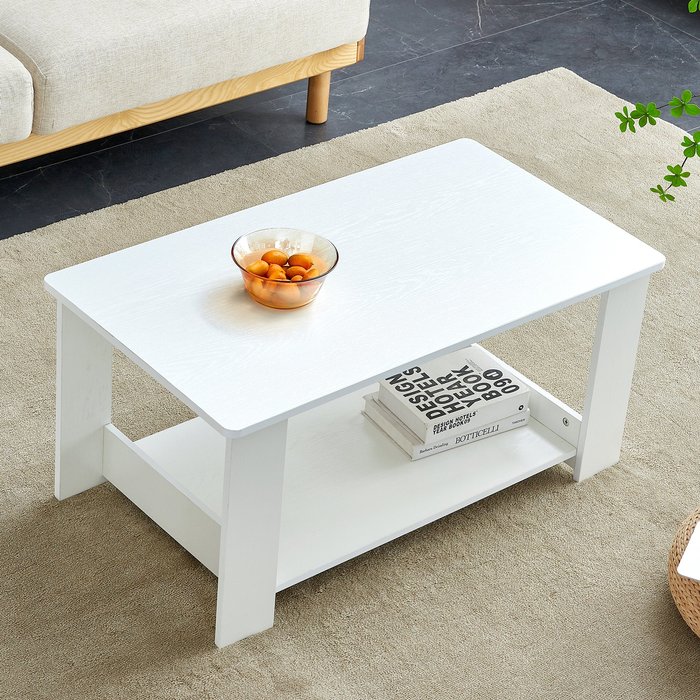 Mesa de centro 90x50x42 cm con estante abierto de 2 niveles en mdf blanco